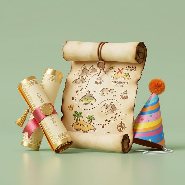 Treasure map, diploma, party hat